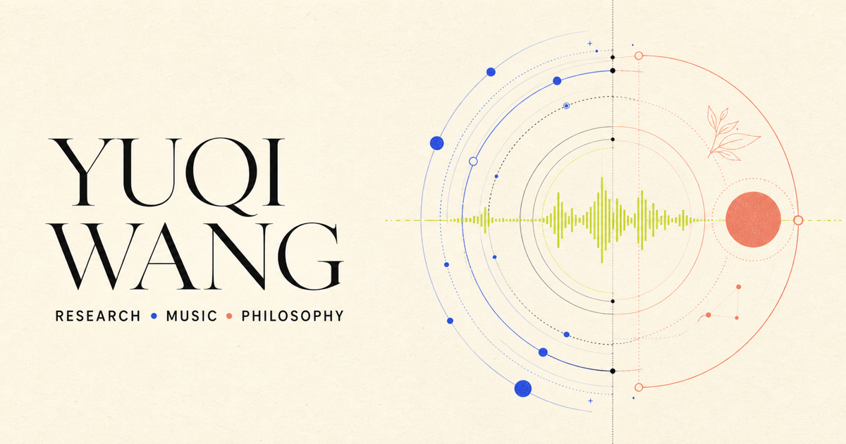 Yuqi Wang brand artwork combining circular research diagrams and an audio waveform